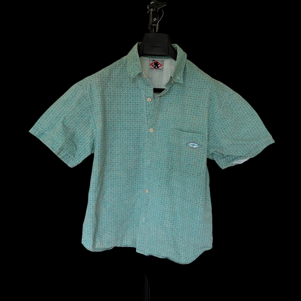 90's Gotcha Short Sleeve Button Down Shirt Teal Geometric Print Cotton Size XL